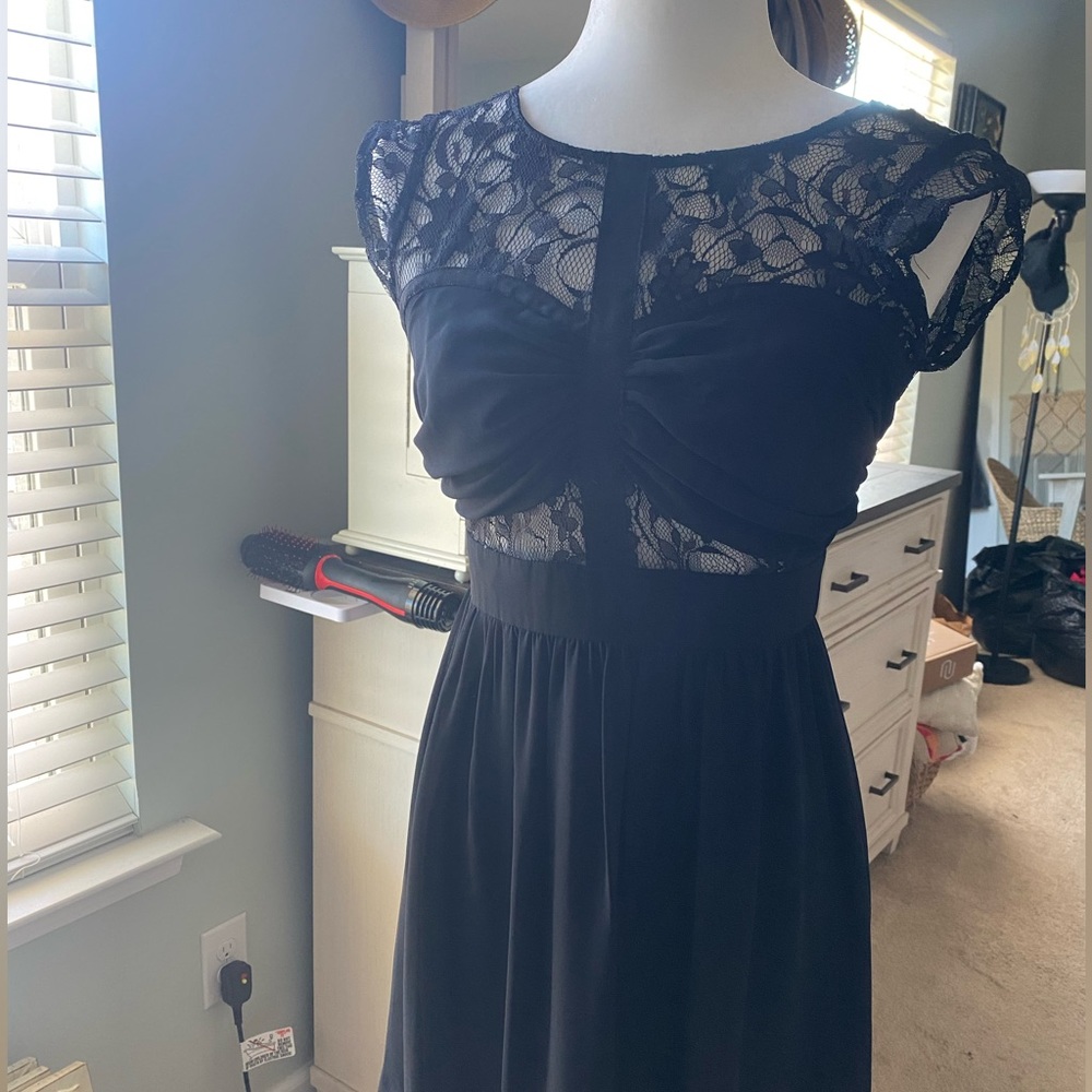 BCBG black lace dress, backless ribbon tie back